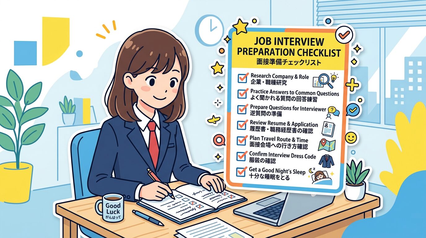 転職面接の前日準備をする人のイラスト、チェックリスト、準備の様子