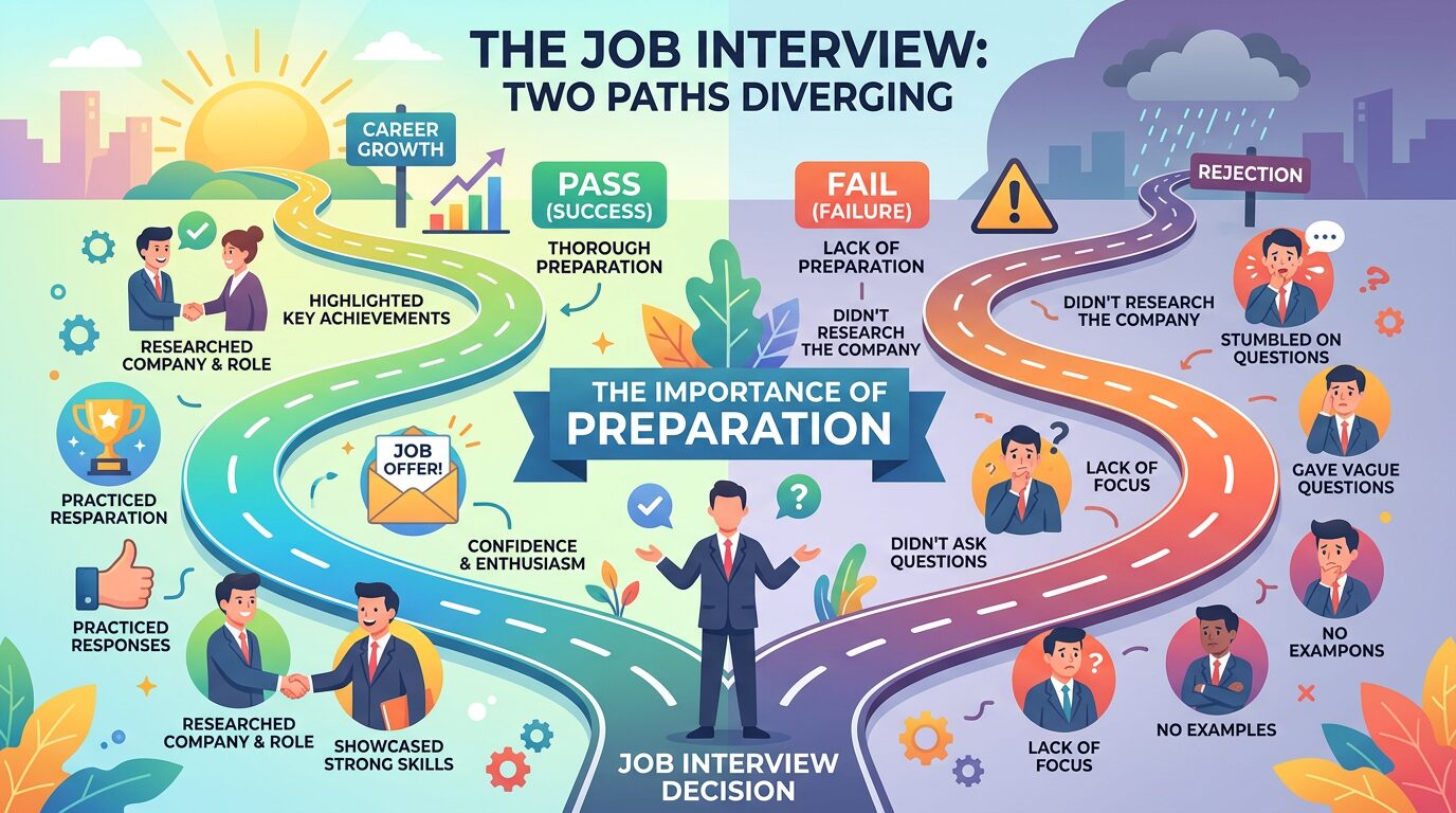 面接合否のイメージ、準備の重要性を示す図