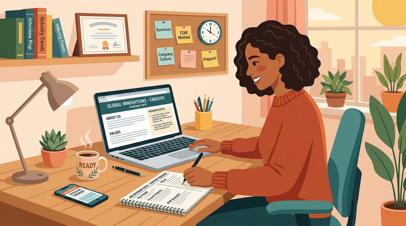 企業研究をする人、ノートパソコンで調べている様子