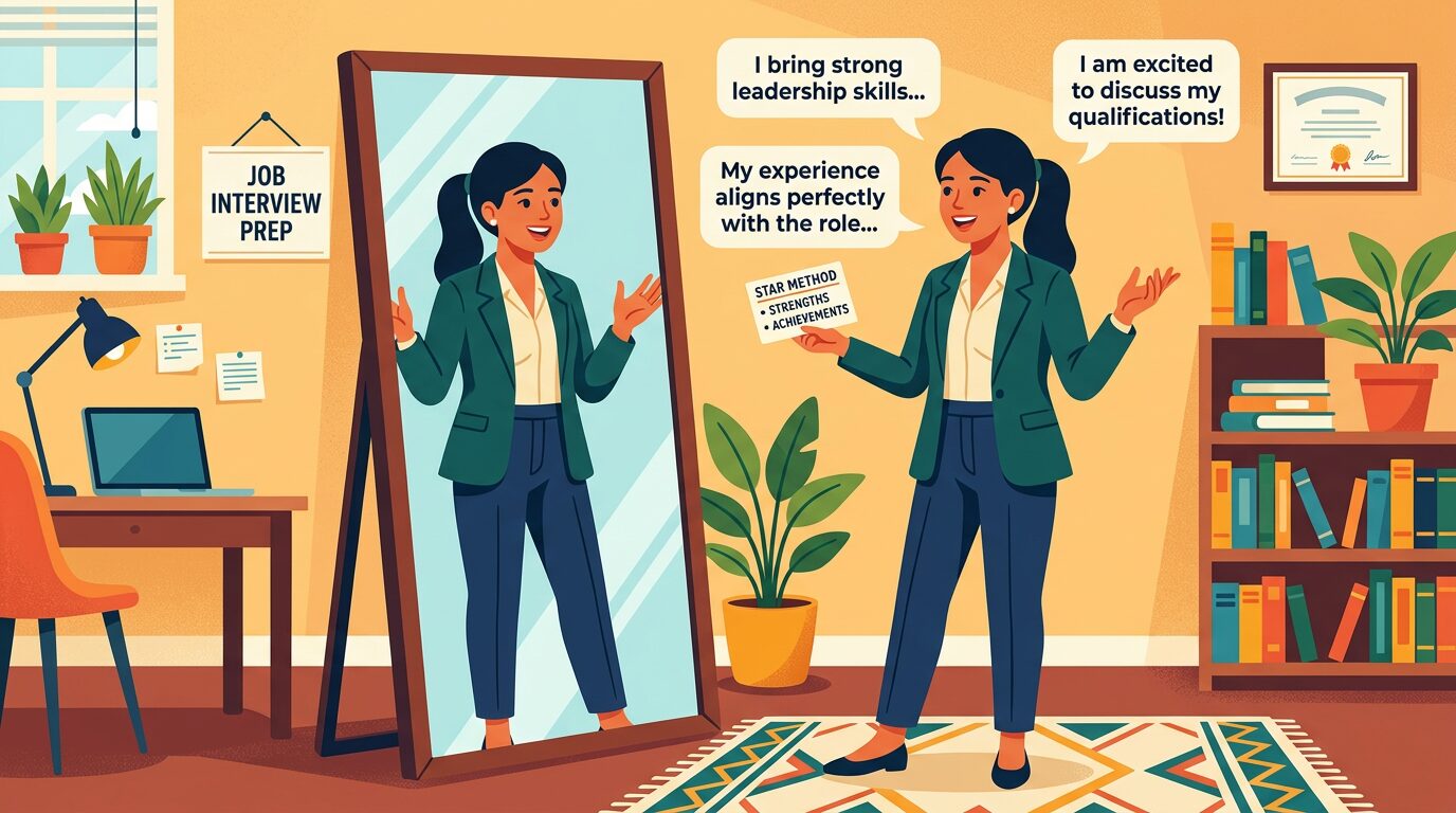 鏡の前で面接練習をしている人