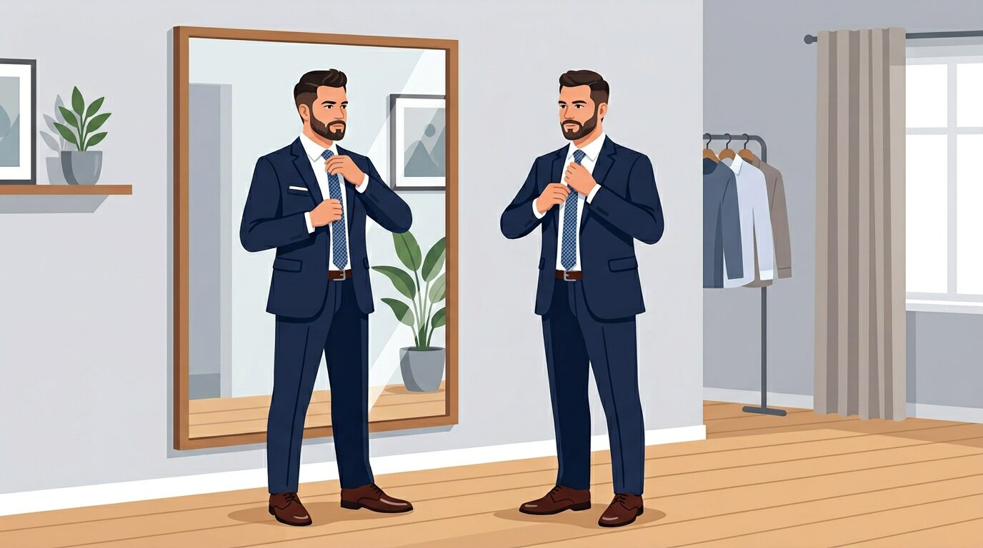 面接用のスーツを確認する人、鏡の前でスタイリング