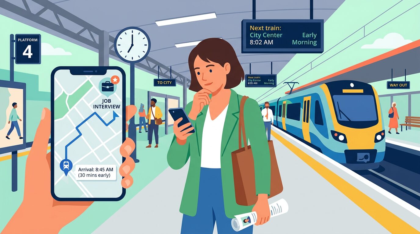 地図アプリで経路を確認する人、電車に乗る様子