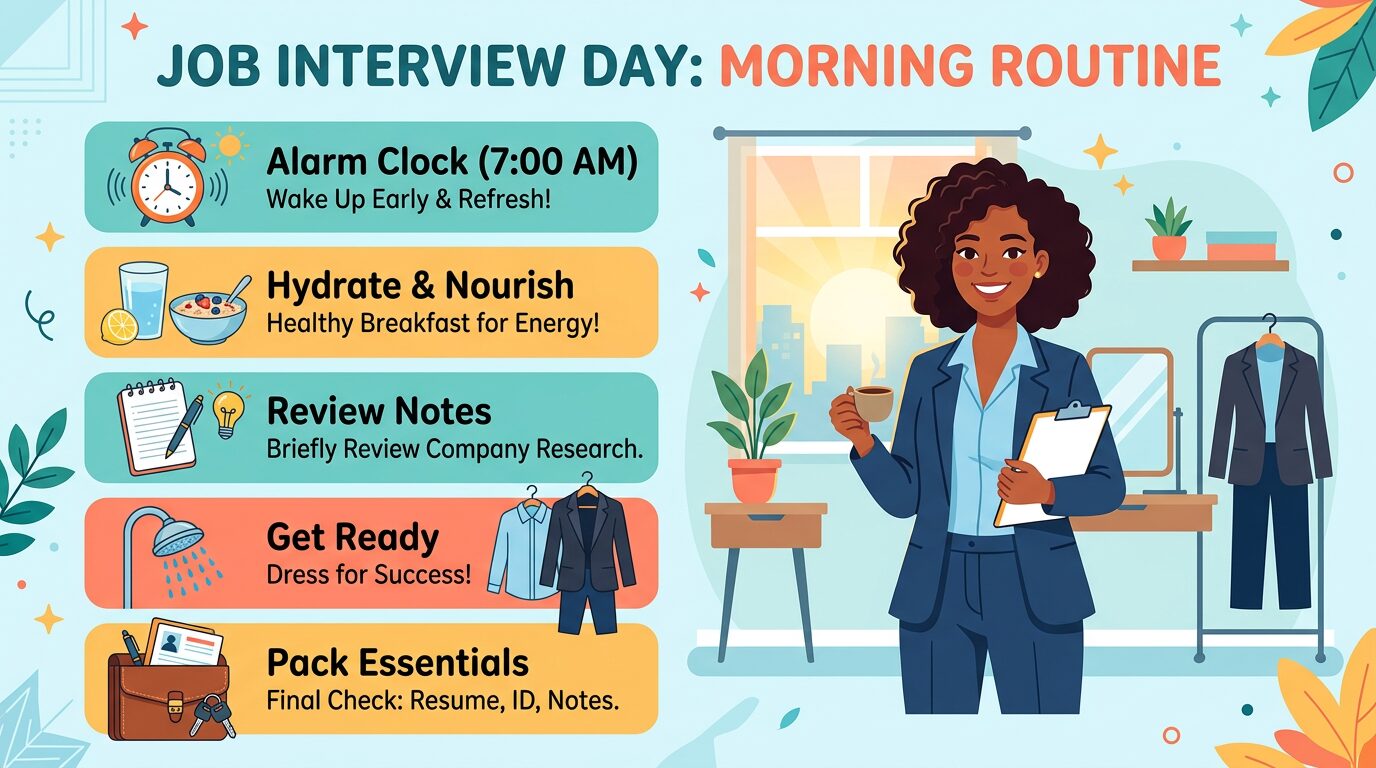 朝の準備をしている人、時計と朝の支度のイラスト