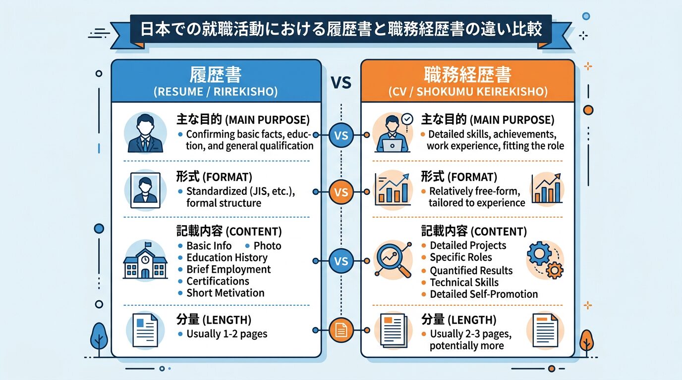 職務経歴書と履歴書の違いを示す比較図