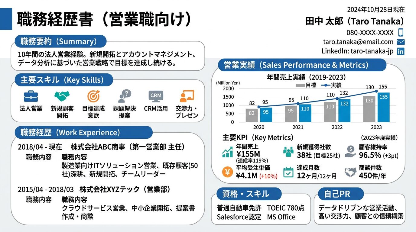 営業職向け職務経歴書テンプレートのサンプル