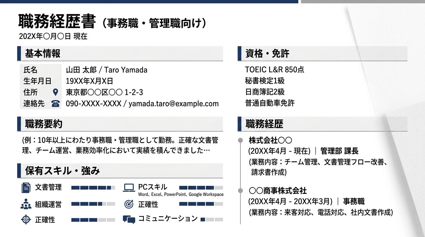 事務・管理職向け職務経歴書テンプレートのサンプル