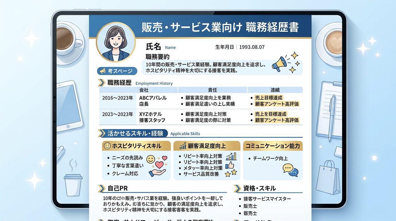 販売・サービス業向け職務経歴書テンプレートのサンプル