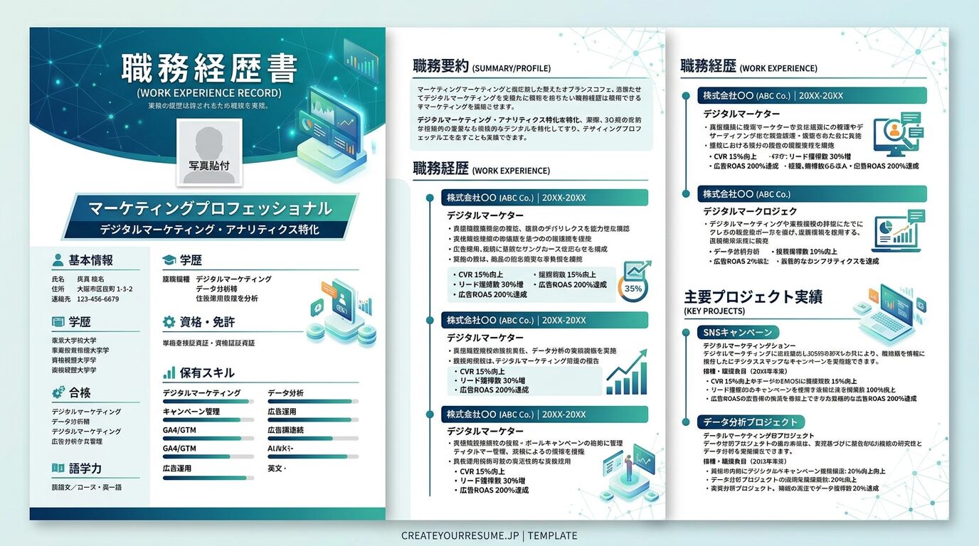 マーケティング職向け職務経歴書テンプレートのサンプル