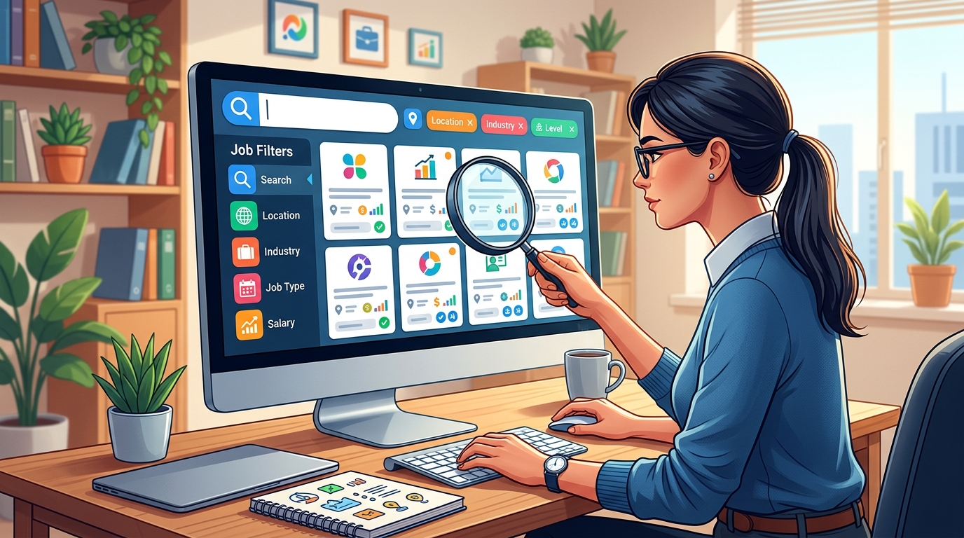 求人票を確認しながら選んでいる様子のイラスト