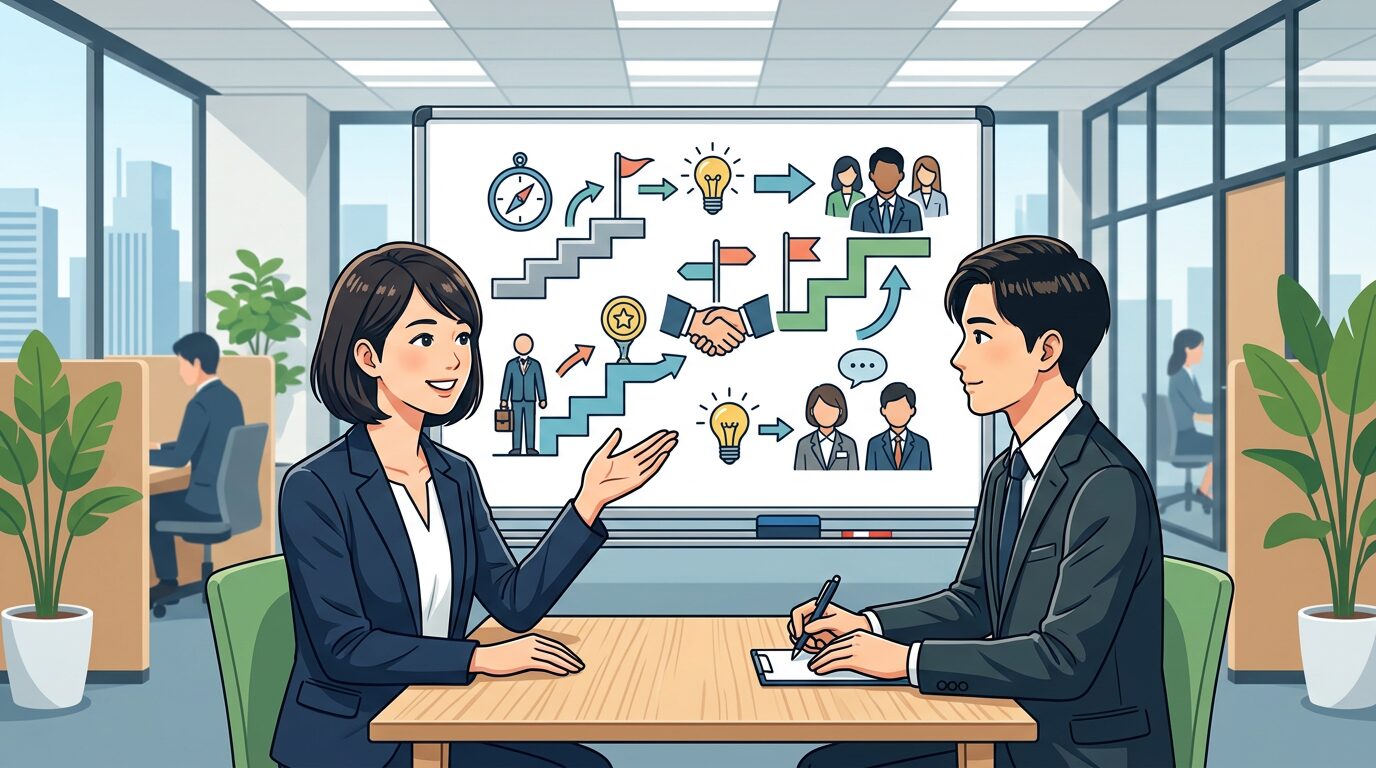 転職エージェント面談の流れを説明するイラスト