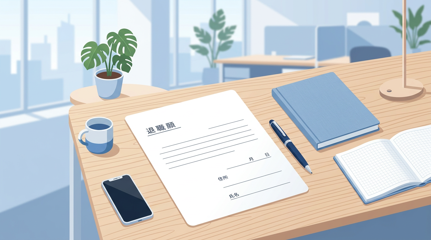 退職届の書類と机のイラスト
